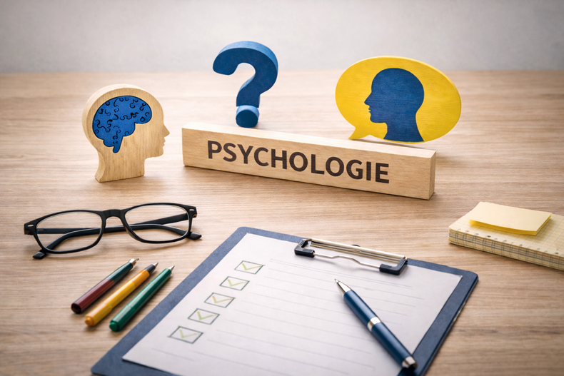 Symbolbild Psychologie in der Reha mit Arbeitsplatz, Gehirn-Symbol und Checkliste  – KI-generiert