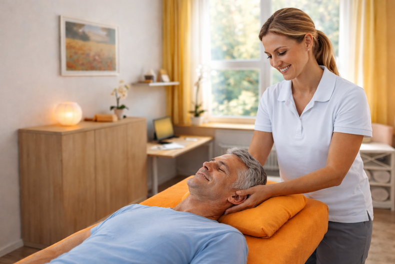 Manuelle osteopathische Behandlung im Kopf- und Nackenbereich – Symbolbild KI-generiert