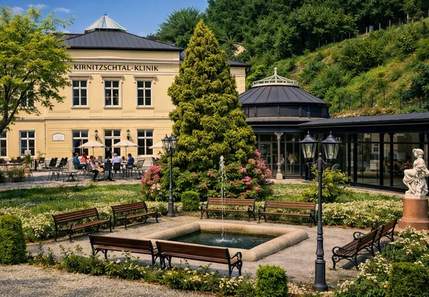 Außenansicht mit seitlichem Blick auf den Haupteingang der Kirnitzschtal-Klinik Bad Schandau im Kirnitzschtal