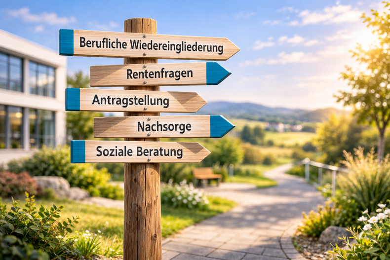 Symbolbild für Sozialdienst mit Themen berufliche Wiedereingliederung, Rentefragen und Nachsorge – KI-generiert