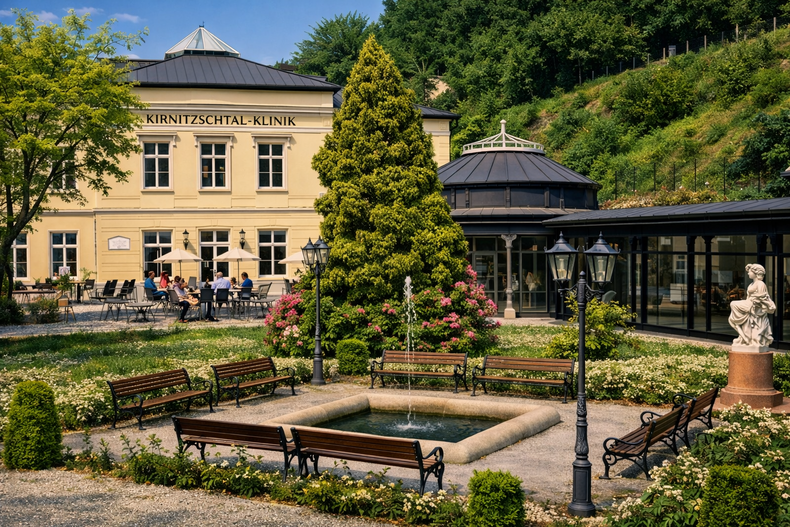 Außenansicht mit seitlichem Blick auf den Haupteingang der Kirnitzschtal-Klinik Bad Schandau im Kirnitzschtal