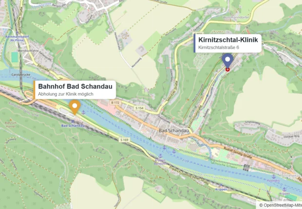 Karte: Lage der Kirnitzschtal-Klinik in Bad Schandau und des Bahnhofs Bad Schandau