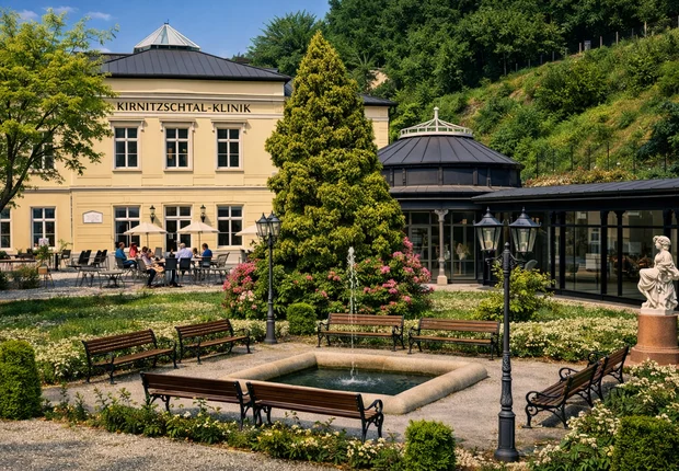 Außenansicht mit seitlichem Blick auf den Haupteingang der Kirnitzschtal-Klinik Bad Schandau im Kirnitzschtal